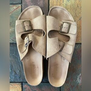 Land's End Cork Footbed Two Buckle Tan Suede Slip On Shoes Sandals Size 10